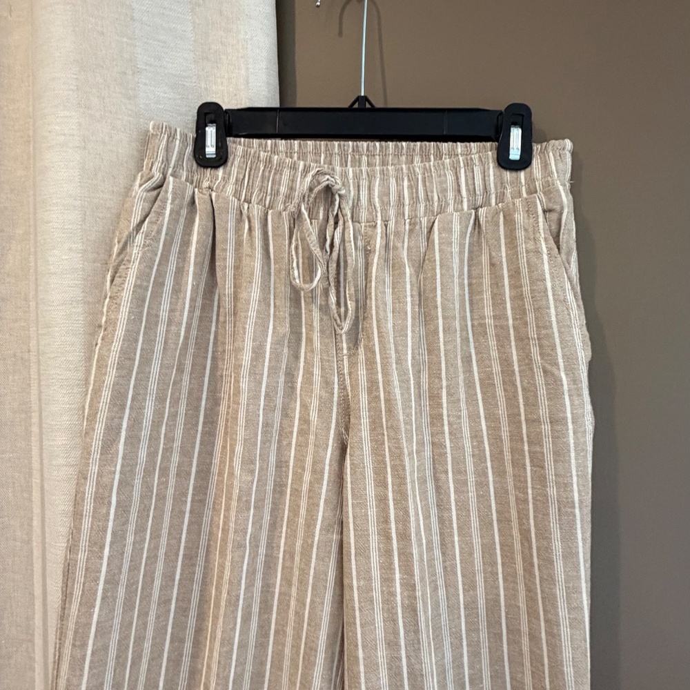 Briggs Women's Tan & White Linen Beach Pants, Tie Waist, Size Medium - Picture 2 of 12